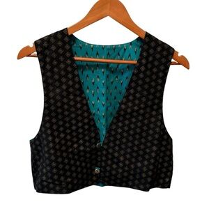 VTG Handmade Reversible Printed 2 Button Cotton Vest M Teal Black Gold Vintage